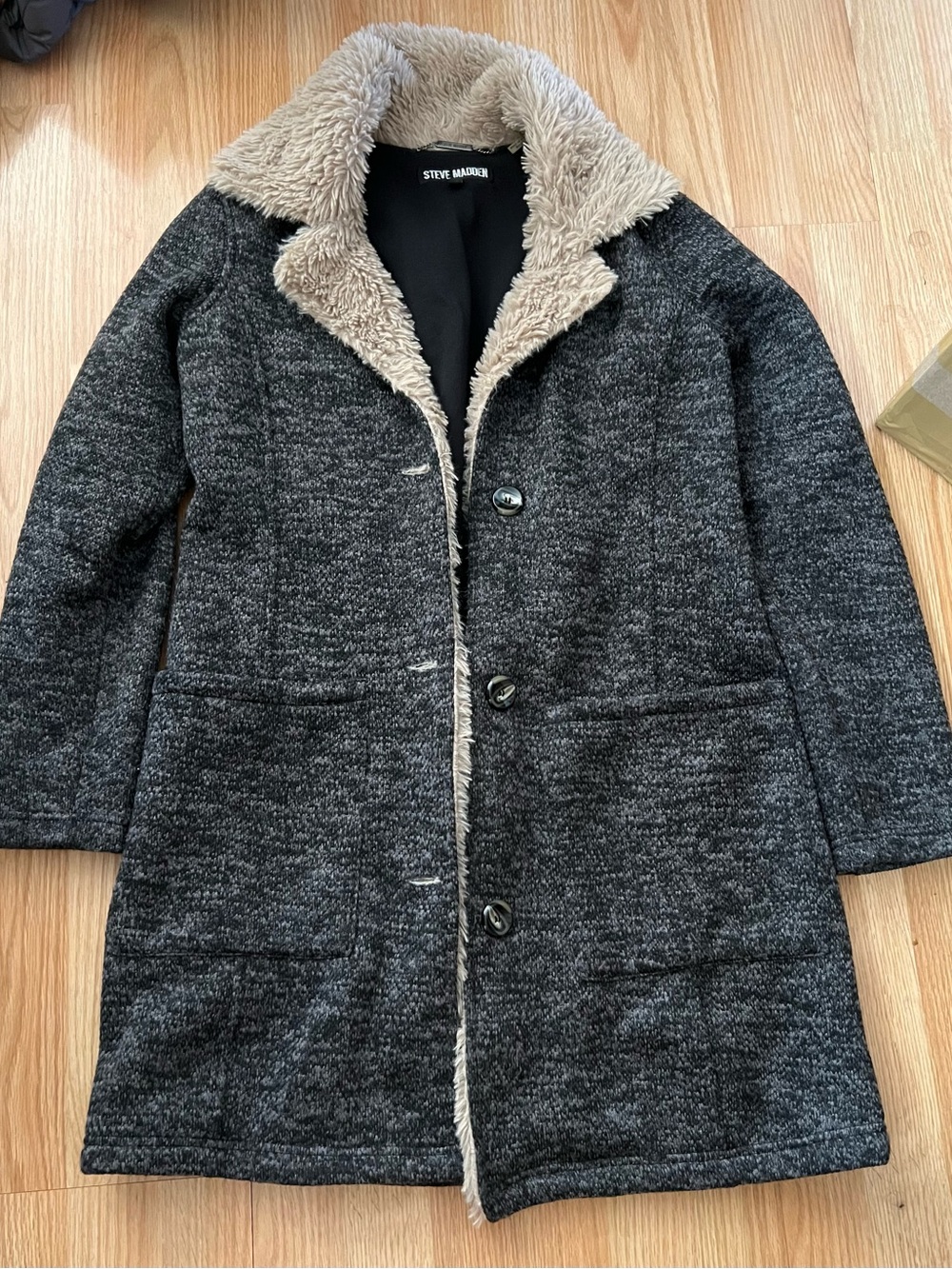 Steve Madden Charcoal Coat with Beige Faux-Shearling Collar